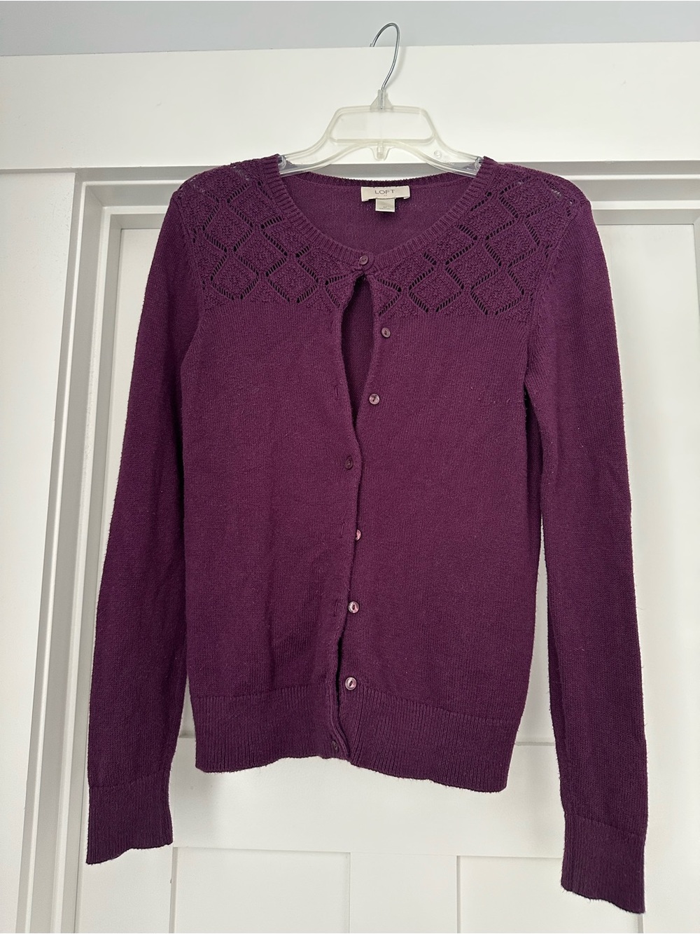 LOFT Plum Lace-Yoke Button Cardigan